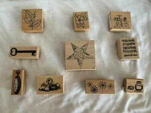 Wood Block Rubber Stamps - Lot of 10- Assorted Brands - Picture 1 of 8