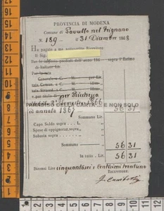 RICEVUTA PAGAMENTO IMPOSTE PER RICCHEZZA MOBILE DEL 31.12.1868, PAVULLO [189] - Picture 1 of 1