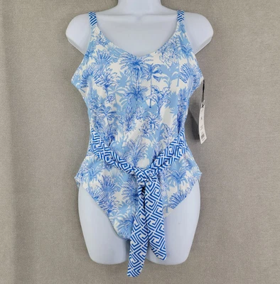 Nicole Miller Swimsuit Womens XL Blue Floral NEW One Piece Belted Beach Resort - Image 1 of 4