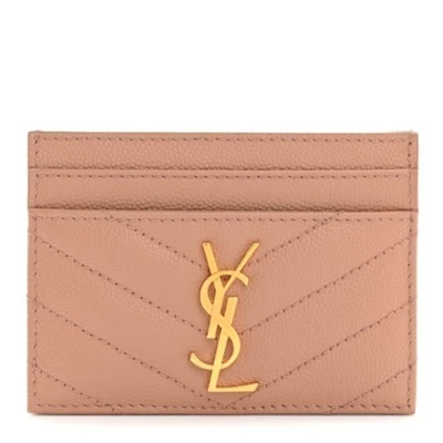 Porta-cartões Saint Laurent couro granulado bege rosa com logotipo dourado YSL - Imagem 1 de 4