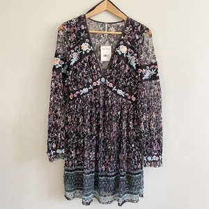 Free People Cherry Blossom Embroidered Floral Lace Dress Black Pink Size 6 NWT - Picture 1 of 5