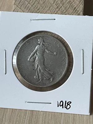 Moeda de prata 1918 França 2 francos Guerra Mundial Il Semeuse Lady Liberty 0,835 prata - Imagem 1 de 2