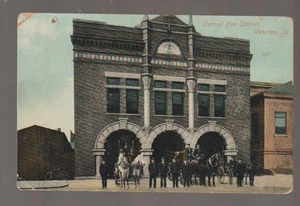 Waterloo IOWA 1909 CENTRAL FIRE STATION Firemen Posing FIRE WAGONS Horses IA B2 - Picture 1 of 3