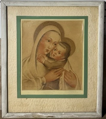 Antiguo Dibujo Original Europeo Pastel Tiza Virgen y Niño Firmado Enmarcado Foto 1 de 4