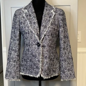 Talbots 4P Navy Blue White Woven Fringe Trim Jacket Coat Blazer Pockets Lined - Picture 1 of 19