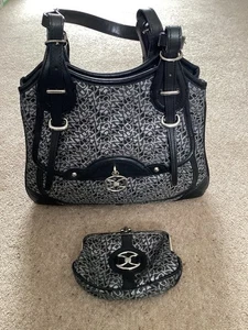 DKNY BLACK SILVER MONOGRAM CANVAS & LEATHER TOTE SHOULDER BAG AND PURSE - Picture 1 of 24