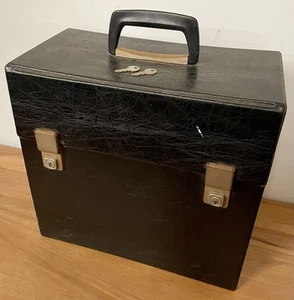 Original Vintage Black Faux Leather 12 Inch LP Vinyl Record Storage Box + 2 Keys - Imagen 1 de 5