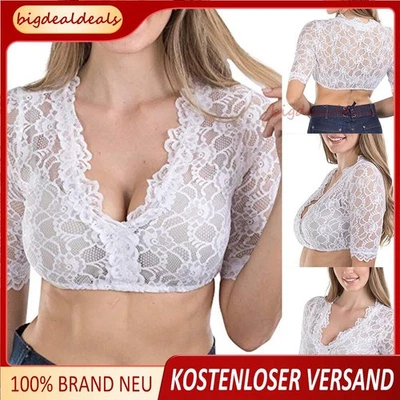 Damen Sexy Spitze Dirndlbluse 3/4 Arm Trachten Bluse Oktoberfest Wrap Crop - Bild 1 von 4