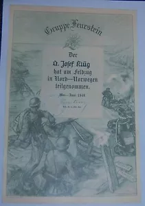 TEDESCO - 1940 Certificato Campagna Norvegia. Rilasciato ad un ufficiale Gebirgsjager. - Foto 1 di 3
