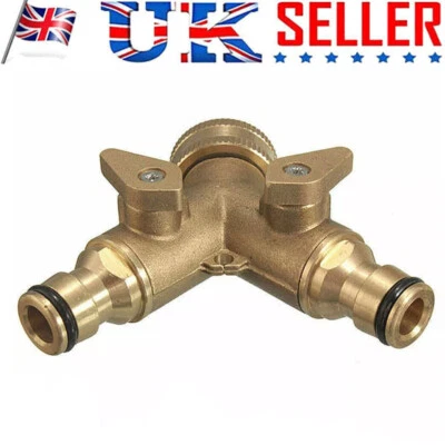 2 Way Garden Double Tap Connector Brass Watering Hose Pipes Faucet Splitters New - Image 1 of 4