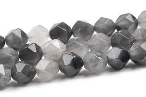 9-10MM Natural Gray Crystal Quartz Beads Grade AAA Star Cut Faceted Loose Beads - Picture 1 of 4