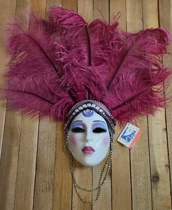 Clay Art of San Francisco Maske Elegant Rosa Federn Schmuck Vintage Retro Deko - Bild 1 von 12