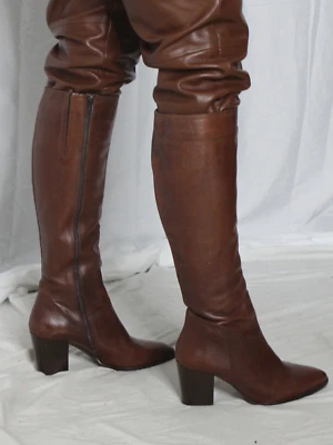 Botas de cuero para mujer marrón 8 hasta la rodilla 3" tacón piel de cordero vintage años 80 90 Meucci Foto 1 de 4