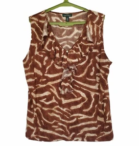 Top LRL Ralph Lauren stampa animalier XL volant scollo a V marrone senza maniche cotone - Foto 1 di 5