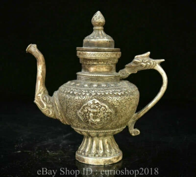 Olla de vino 6,8 "China Silver Dynasty Dragón Mango Nariz de elefante Riqueza Bandera Foto 1 de 4