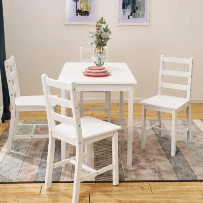 Small White Wooden Dining Table And 4 Chairs Set Kitchen Room Rustic Pine - Image 1 of 4