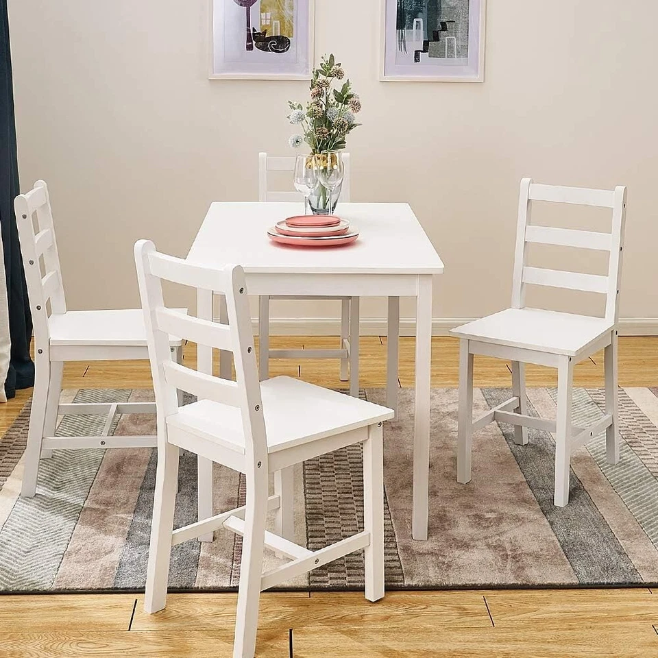 Small White Wooden Dining Table And 4 Chairs Set Kitchen Room Rustic Pine - Image 1 of 4