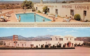 Cartolina d'epoca Apache Lodge Poolside Multi Views Prescott, AZ anni '50 - Foto 1 di 2