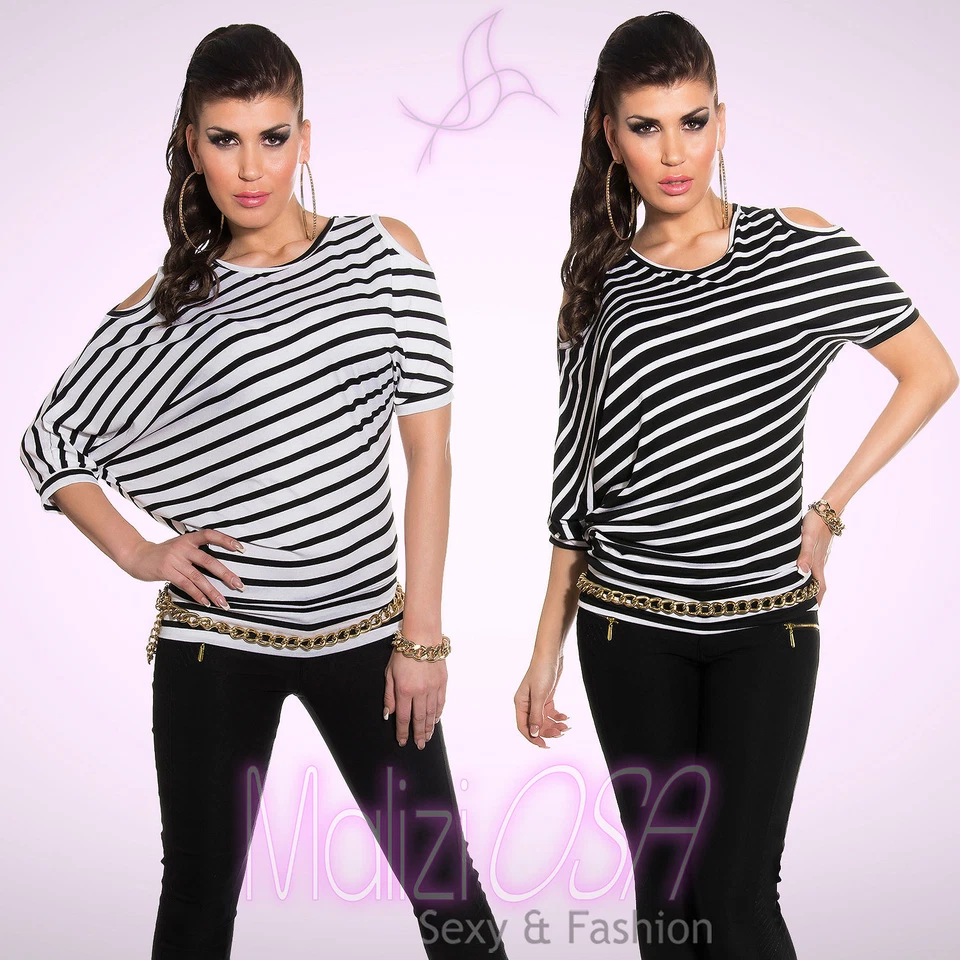 Women's Sweater Maxi T-Shirt Long Striped Shoulder Discovery Bat Top - Image 1 of 1