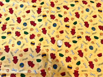 1 2/3 yds Cute Fire Hydrants,Dog Bones,&WOOF  onYellowCotton Flannel Fabric. OOP - Image 1 of 2