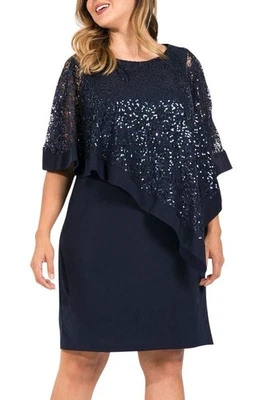Vestido justo R&M Richards feminino azul com lantejoulas e renda tamanho 18W - Imagem 1 de 4