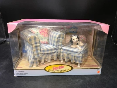 BARBIE Decor Collection Armchair Ottoman Dog #20804 Gingham Blue Floral - Image 1 of 4