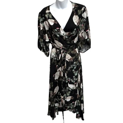 Zara Crane Wrap Dress Sz L Black Bird Crane Midi Belted V-Neck Blogger Favorite - Image 1 of 4