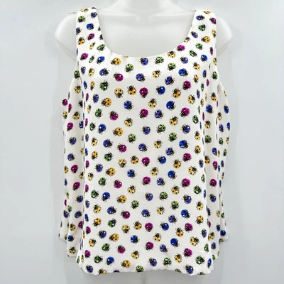 Ann May 100% Silk Ladybug Print Tank Shell Sz L White Multi Novelty Fun Colorful - Image 1 of 4