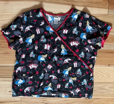 Disney Alice in Wonderland Scrub Top 2XL Black Red Hearts White Rabbit - Image 1 of 4