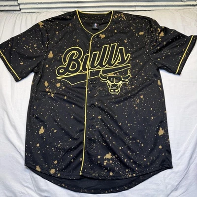 Chicago Bulls Jersey Mens 2XL Black Gold NBA Basketball Splatter Button Front - Image 1 of 4