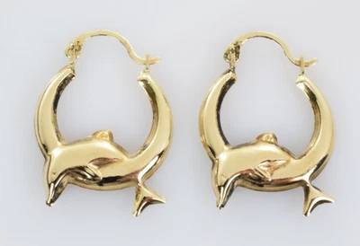 Smooth Dolphin Huggie Hoop Oval Drop Earrings in 10k Yellow Gold - Image 1 of 3