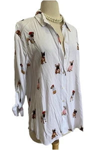 Jane & Delaney French Bulldog Print Button-Up Tab Long Sleeve Top Blouse M Nwt - Picture 1 of 5