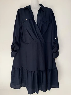 Ralph LAUREN BLACK Label Navy Blue Crepe Midi Collared  Dress Women Size 14 - Image 1 of 4