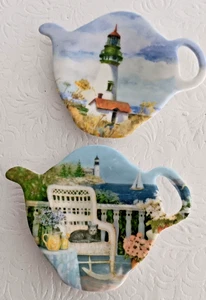 NEW 2 Melamine Tea Bag Holders TEA POT DESIGN LIGHTHOUSES - Picture 1 of 2