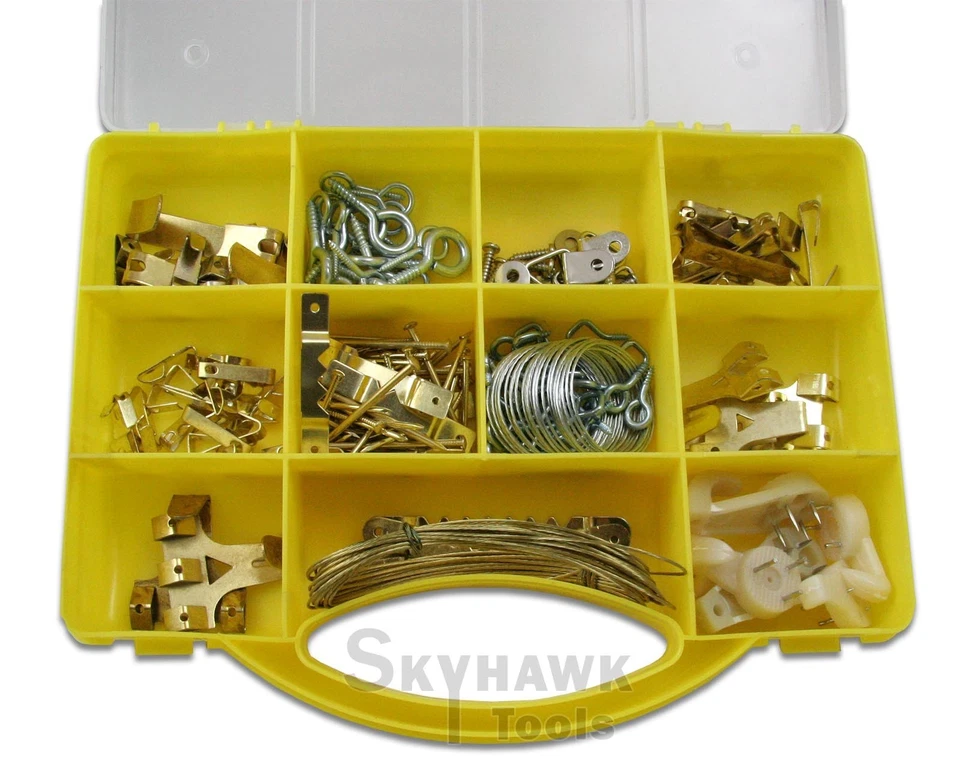 New 200 Pc FASTENER PICTURE WALL HANGING HOOKS NAIL WIRE KIT  - Image 1 of 1