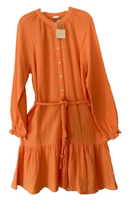 NUEVO CON ETIQUETAS MAGASHONI Mini Camisa/Vestido de Gasa de Algodón Orgánico con Botones Talla S/P Naranja Foto 1 de 4