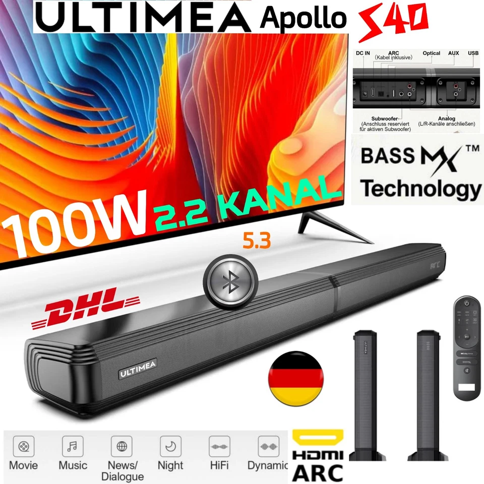 Soundbar Ultimea Apollo S40 TV Wireless BassMX, ARC HDMI USB Bluetooth AUX 100W - Bild 1 von 4