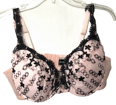 Frederick's Embroidered Pink Black Balconette Floral Underwire Bra 40D padded - Image 1 of 3