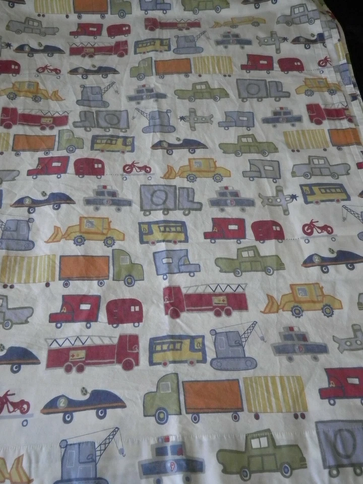 Pottery Barn Kids Patrick Twin Flat Sheet Trucks Cars Trains Crane Plane White - Image 1 of 4