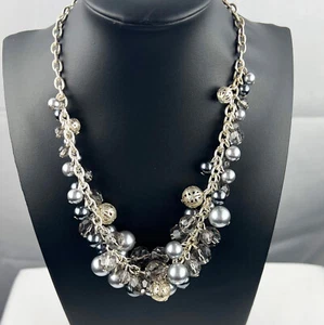 Vintage Pearly Gray Bead & Chain Necklace Premier Designs Cluster Silver Tone - Picture 1 of 7