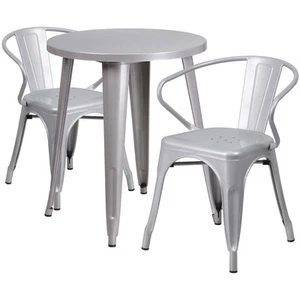 24'' Round Silver Metal Indoor-Outdoor Restaurant Table Set with 2 Arm Chairs  - Picture 1 of 2