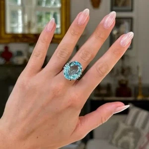 8 ct Created Oval Cut Aquamarine & Diamond Engagement Ring 14K White Gold Plated - Picture 1 of 10