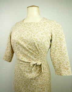 Volup VINTAGE 1960s gold, tan & ivory Courtelle jersey dress gathered waist UK16 - Picture 1 of 12