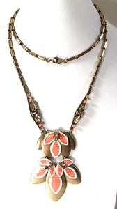 Stella & Dot Gold Tone Coral Orange Pendant Necklace Rhinestone 30" Articulated - Picture 1 of 13