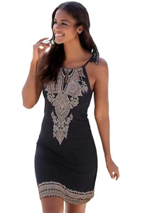 Bodycon-Minikleid Damen Bohemian ärmellos Druck vorne Schlüsselloch Sommer Etui - Bild 1 von 6