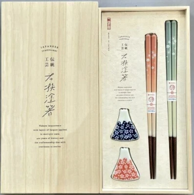 Japanese Chopstick & Chopstick Rest Mt.Fuji with Cherry Blossom /Paulownia box - Image 1 of 3