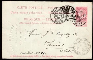 936 BELGIUM TO CHILE PS STATIONERY POSTAL CARD 1903 GAND - SERENA - Picture 1 of 2