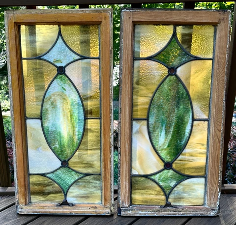 Matching Pair Vintage Leaded Stained Glass Windows, Early 20th C,  Architectural Cover