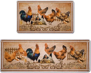 2 Pcs Rooster Kitchen Rugs Set Farm Chicken Kitchen Mat Decor Christm - Picture 1 of 12
