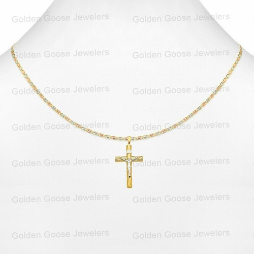 Ciondolo croce crocifisso Inri in vero oro bianco o giallo 14 kt catena Valentino